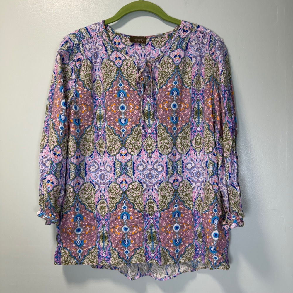 Crosby Womens Pink Purple Medallion Paisley Rayon Prairie Tie Neck Blouse Size M